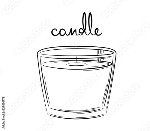 Candle in a hand drawn jar. Line drawing of a simple candle in a glass holder. Doodle sketch style. Isolated vector illustration in a linear style.