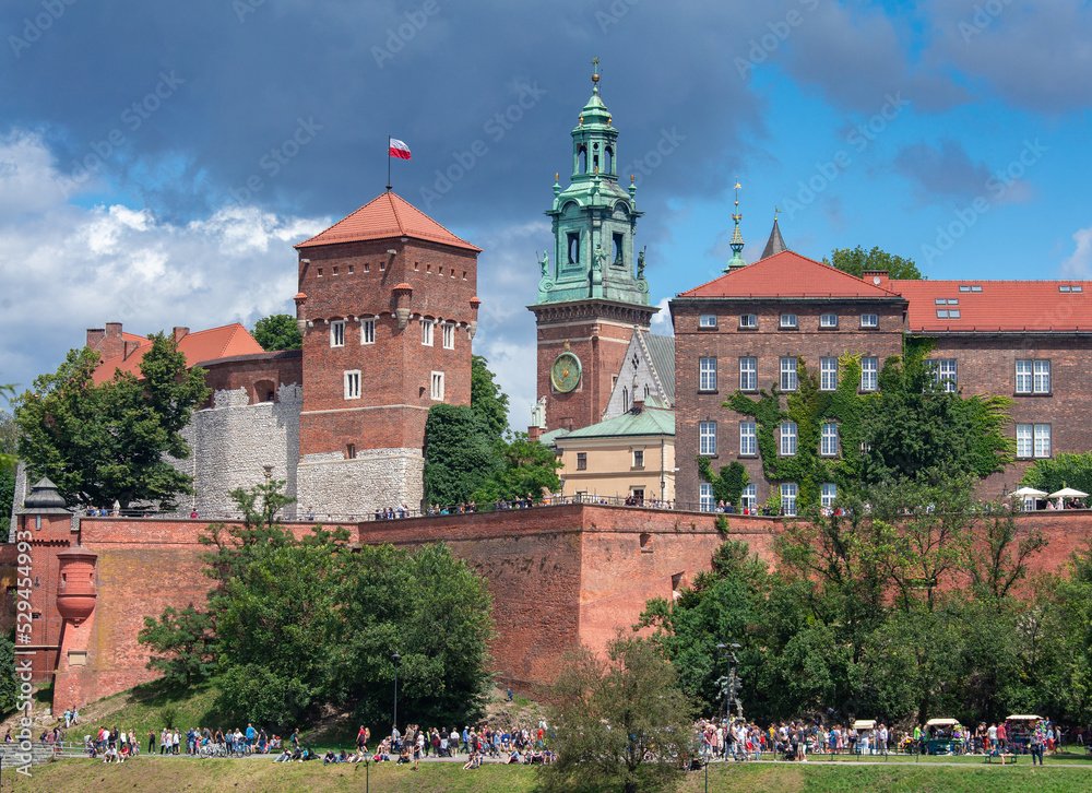 Old houses and towers behind the fortress wall on the banks of the river.