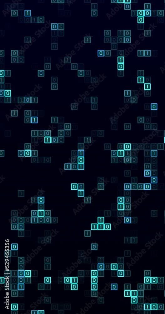 Blue digital squares that have letter of zero and one are moving randomly. Seamless Loop. Vertical video. Blue digital squares that have letter of zero and one are moving randomly. Seamless Loop. Vertical video.