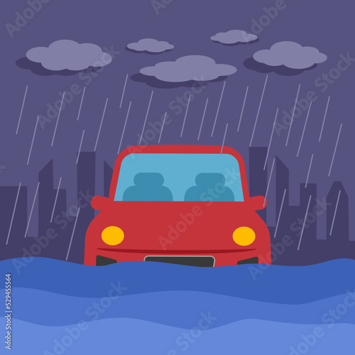 Car flood in the city concept vector illustration. Flooded car under heavy rain weather natural disaster.