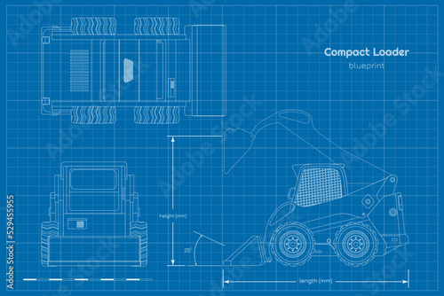 Outline compact loader. Contour side, front amd top view. Drawing of mini bulldozer. Industrial blueprint of loading machine