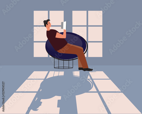 Adult man and leisure with book by window in evening or at night, flat vector stock illustration with shadow as concept of introversion and hobby