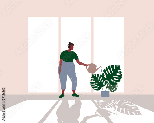 African woman with indoor watering can and houseplant care monstera, flat vector stock illustration with room with window and shade