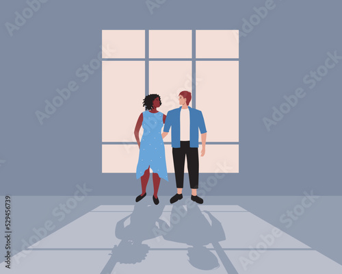 Multicultural couple together in evening, flat vector stock illustration with room with window and shadow for Valentine's Day