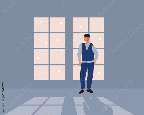 Non-binary persona inside and snowfall outside in evening, flat vector stock illustration with room with window and shade, view from window