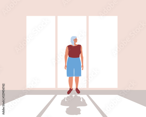 Old woman in room in morning, flat vector stock illustration with room with window and shadow