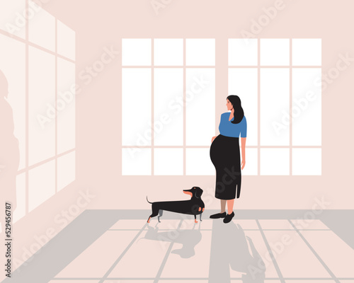 Pregnant woman alone with dog in morning, flat vector stock illustration with room with window and shadow, concept of maternity leave