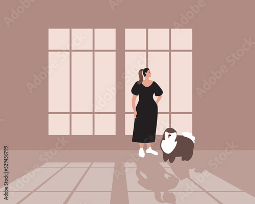 Woman introvert inside and dog pet, flat vector stock illustration with room with window and shadow in evening, concept of loneliness