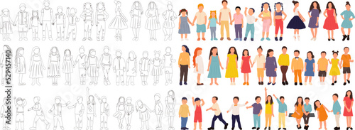 boys and girls sketch set, vector