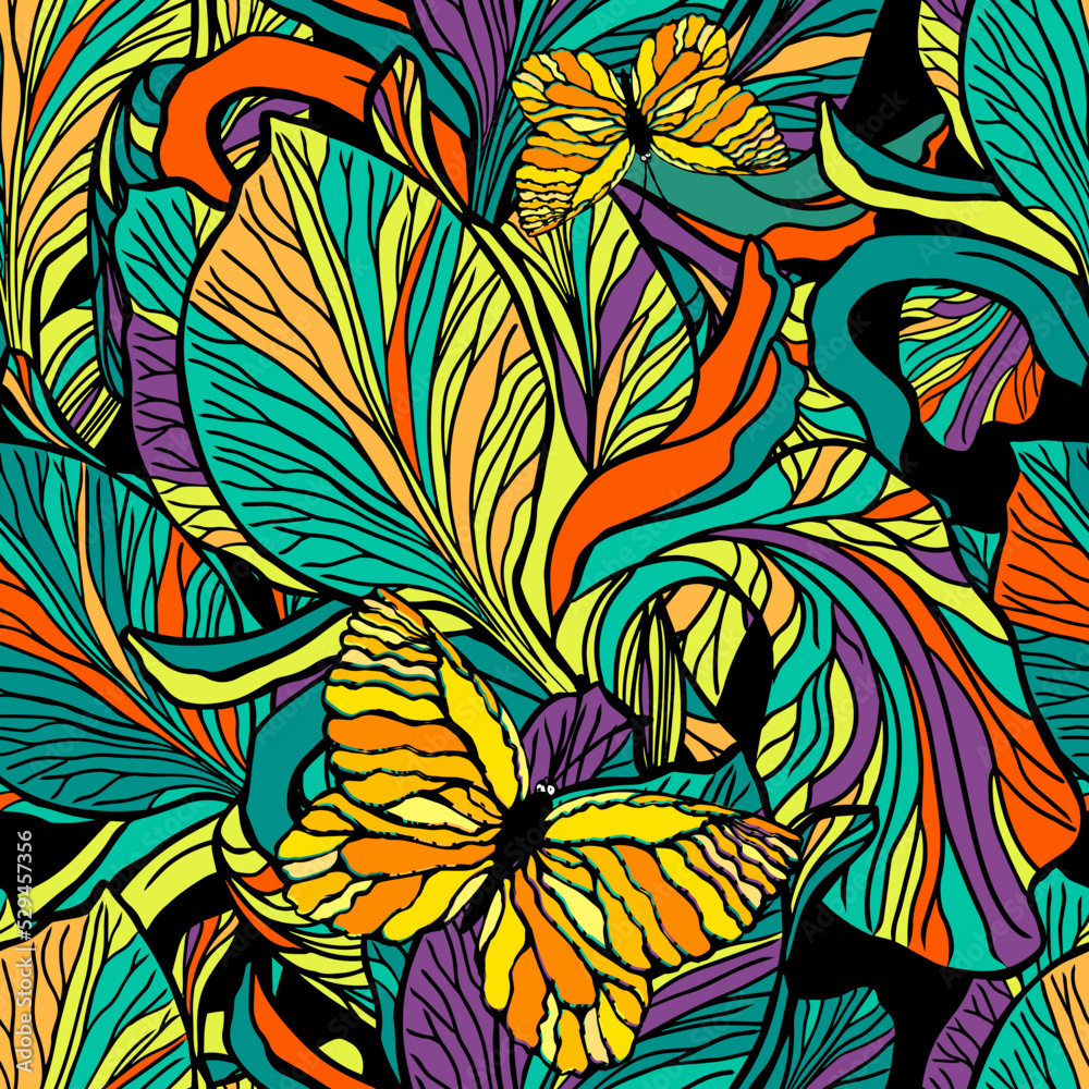 Fototapeta premium Seamless pattern multicolored irises with butterflies. Vector illustration