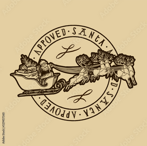 Santa Claus sleigh stamp. Santa Claus approved stamp with reindeer sleigh full of presents.