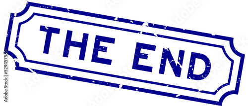 Grunge blue the end word rubber seal stamp on white background