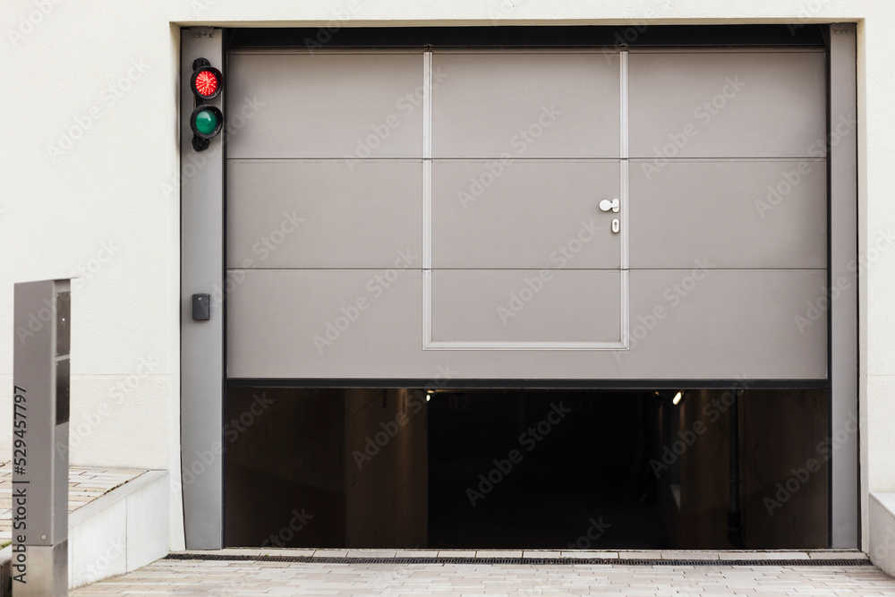 Garage Door to Car Parking. Automatic Entrance Gate to Underground Car