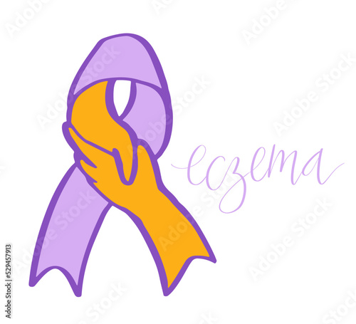 Eczema National Awareness Month October handwritten lettering and purple and orange support ribbon. Web banner vector template