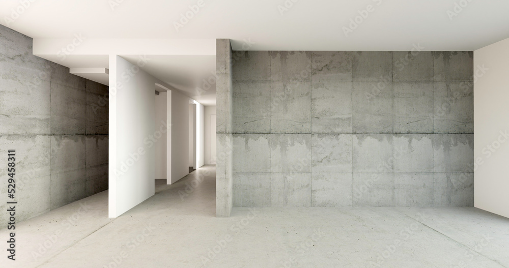 Puste niewykończone mieszkanie, betonowe podłogi i ściany. Aranżacja wnętrza. 3d render - obrazy, fototapety, plakaty 