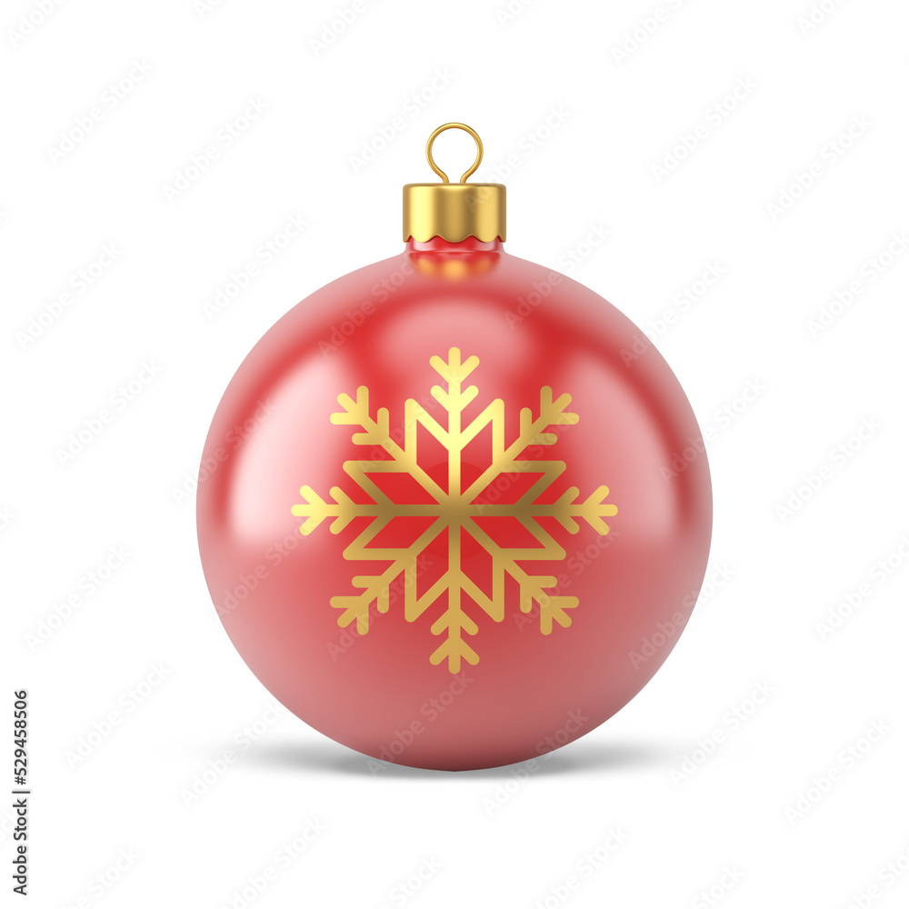 Christmas ball with snowflake. Festive red decor gold glittering Christmas ball with snowflake. Festive red decor gold glittering