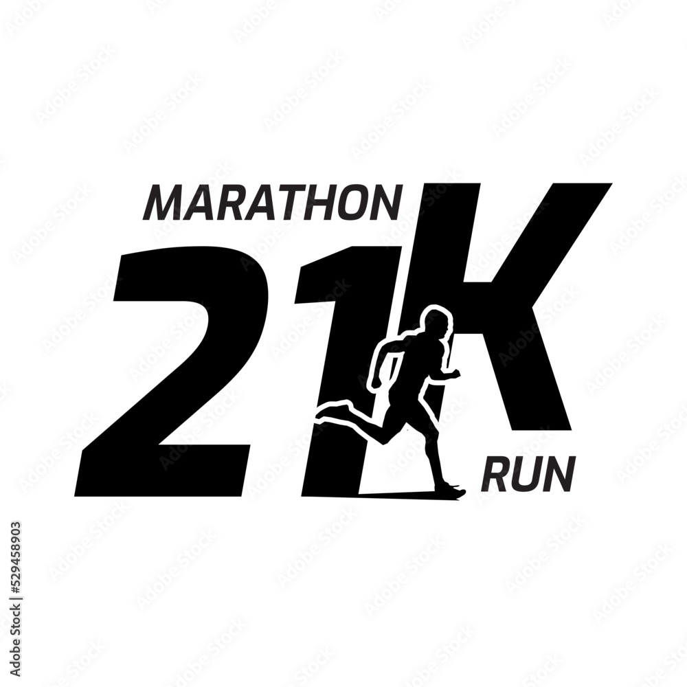 Black silhouette marathon run event logo template with running people illustration, 21K