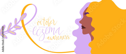 Eczema National Awareness Month October handwritten lettering and purple and orange support ribbon. Web banner vector template