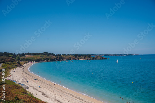 Les Grands Sables beach in Belle-Île-en-Mer / White sand and clear blue waters © dronieguy
