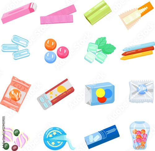 Gum icons set cartoon vector. Chewing bubble. Chicle chew-gum