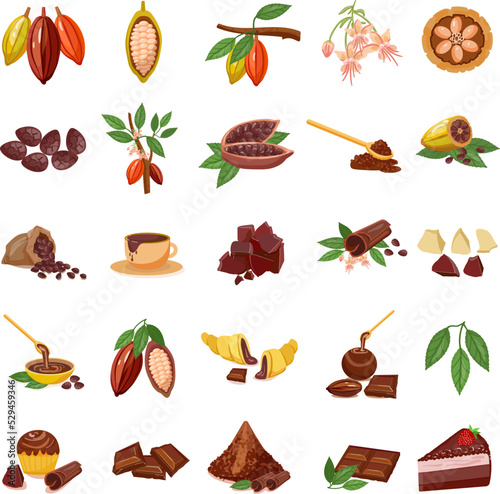 Cocoa icons set cartoon vector. Chocolate leaf. Cacao seed