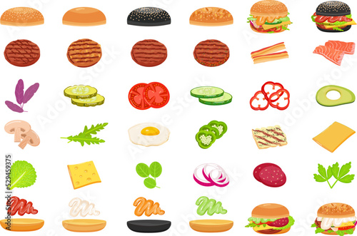 Burger icons set cartoon vector. Food hamburger. Fast sandwich