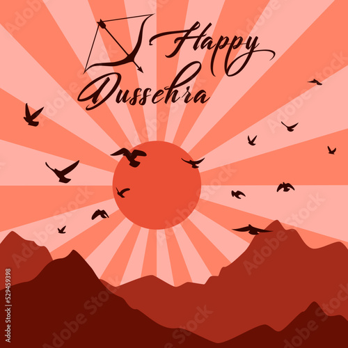 Happy Dussehra Navratri festival of India. Vector beautiful landscape with rising sun over the mountains, text Happy Dussehra for banner, logo, poster, wallpaper design. Hindu holiday Vijayadashami.