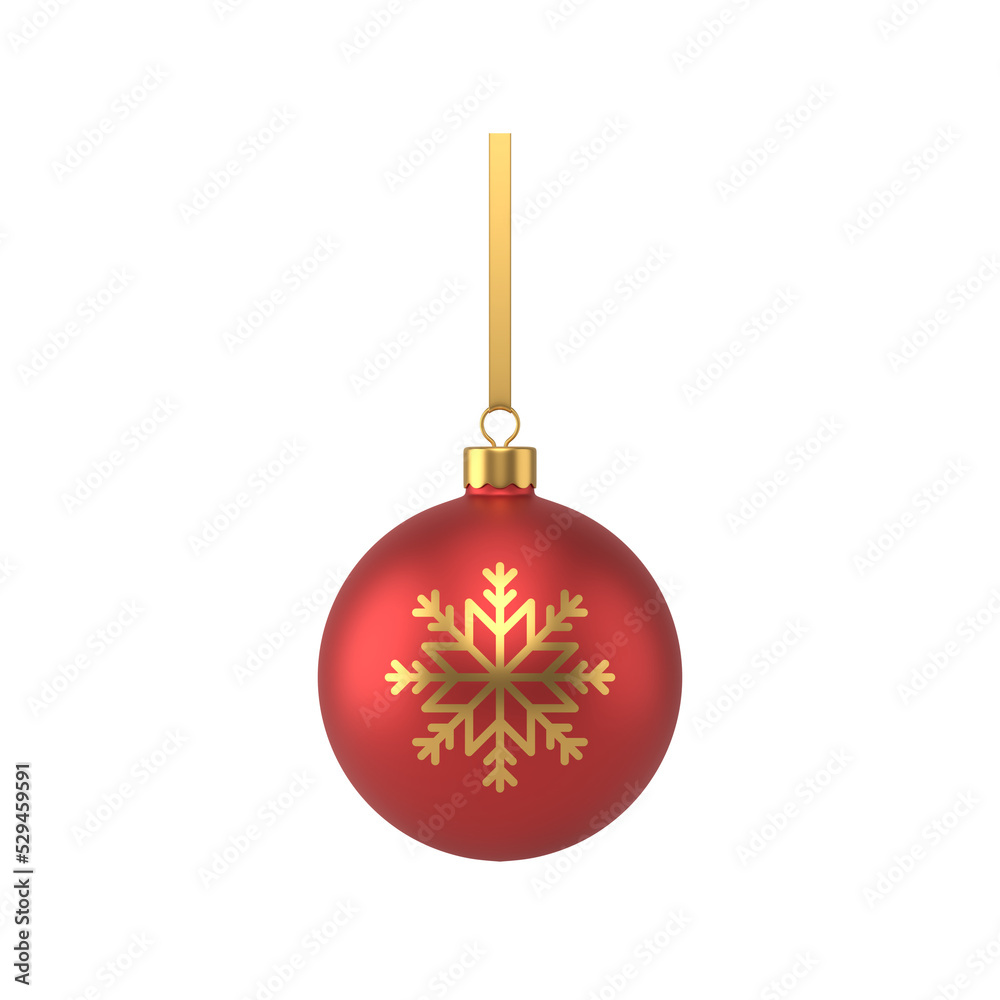 Red christmas ball on ribbon. Shiny sphere with golden snowflake tied to strip Red christmas ball on ribbon. Shiny sphere with golden snowflake tied to strip