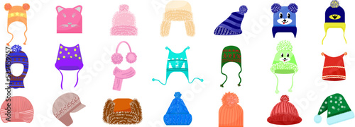 Winter headwear icons set cartoon vector. Fashion accessory. Beanie hat