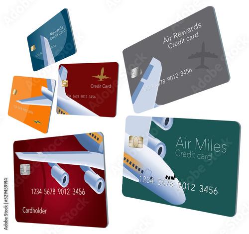 Six credit cards that offer air travel mileage rewards and perks are decorated with an image of an airplane that is seen from above flying high in the sky. photo