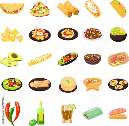 Mexican food icons set cartoon vector. Healthy tacos. Salsa taco