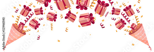 Colorful celebration banner with confetti and gift boxes. Cute party popper illustration. Confetti, explosion, firecracker, celebration. Cartoon style. Clapperboard with gift boxes. Vector.