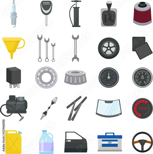 Car parts icons set cartoon vector. Car engine. Seat auto