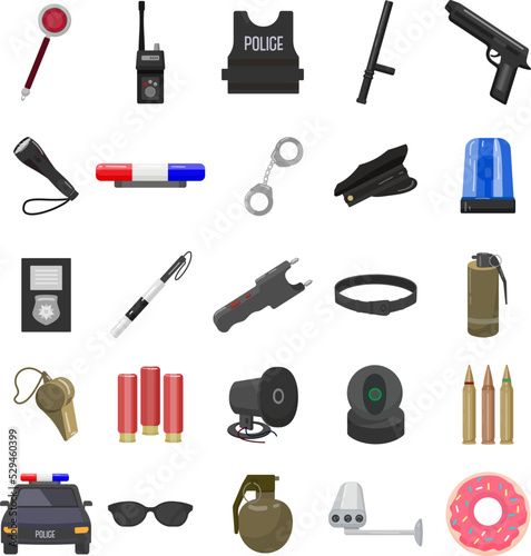Police equipment icons set cartoon vector. Handcuff army. Tech gun
