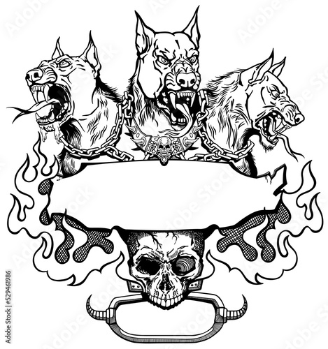 Cerberus hellhound a mythological three-headed dog the guard of the entrance to hell. Hound of Hades with chain on his neck. Design template with a human skull and fire flames.  Black and white vector
