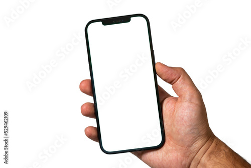 Hands holding smartphone isolated on blank background. png type photo