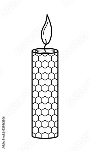 Burning wax honey candle. Natural candle made of beeswax with honeycomb ornament in doodle sketch style. Decor for home, aromatherapy, relaxation. Vector illustration isolated on white background.