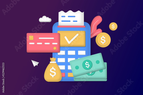 3D bill payment with credit card for online shopping. Concept of payment processing, financial transactions, transfer, bank card, terminal for buying process, monetary currencies. Vector illustration.