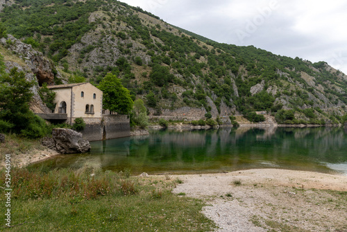 Lake of San Domenico in Abruzzo, Italy and the Eremo di San Domenico in the background.