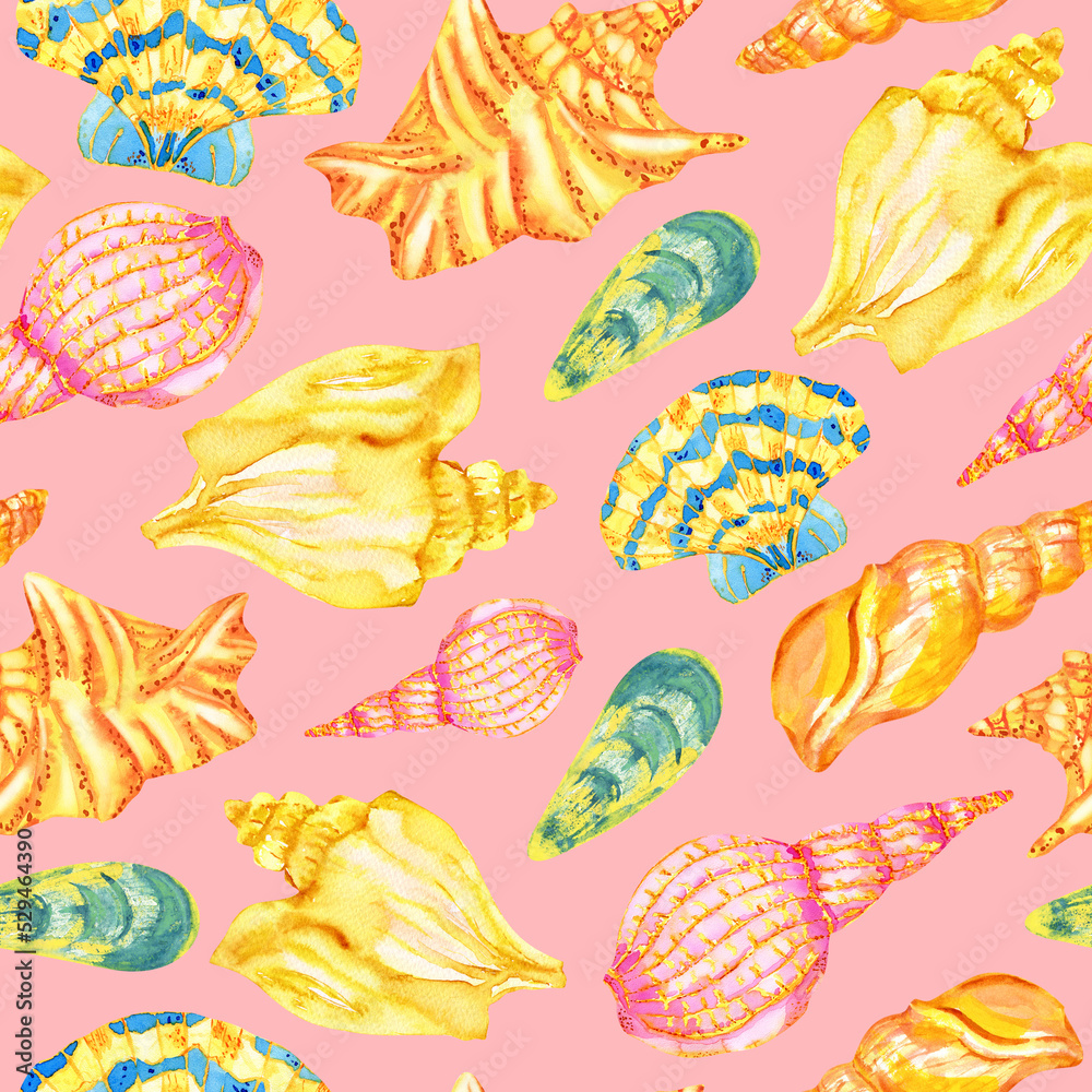 Sea beach seashells seamless pattern. Watercolor golden sea shells on a pink background