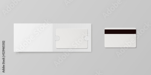 Vector 3d Realistic White Guest Room, Plastic Hotel Apartment Keycard, ID Card, Sale, Credit Card with Magnetic Strip. Design Template with Paper Cover Case, Wallet for Mockup, Branding. Top View