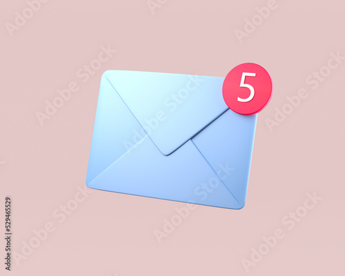3D email icon with notification, unread mail logo. 3d render illustration