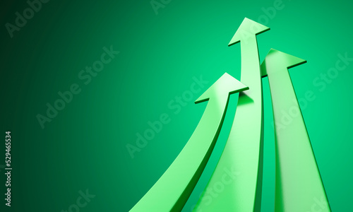 Green rising arrows, growing business investment concept. Uptrend stock market graph. 3d render illustration