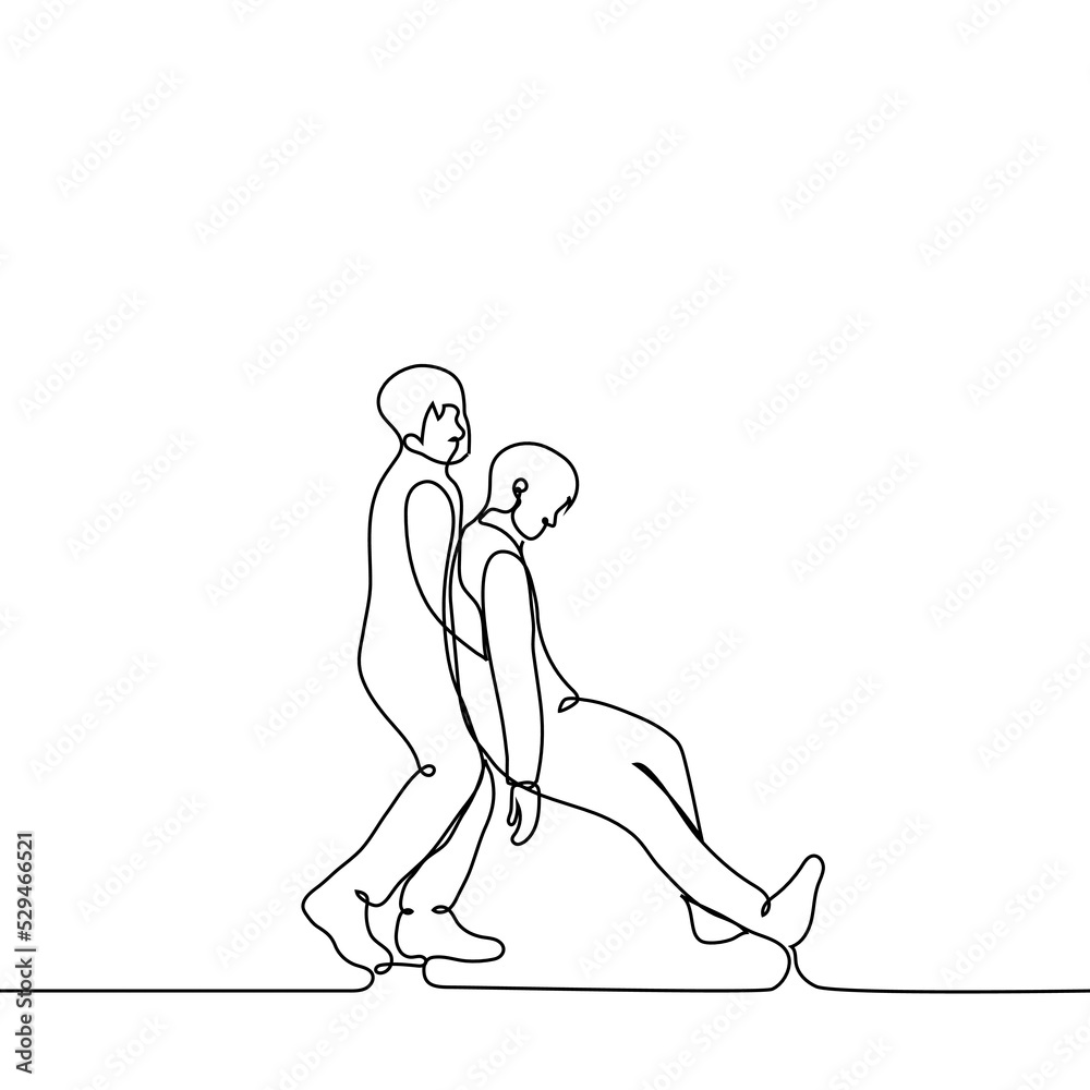 man supporting weakened unconscious man - one line drawing vector. concept first aid, support