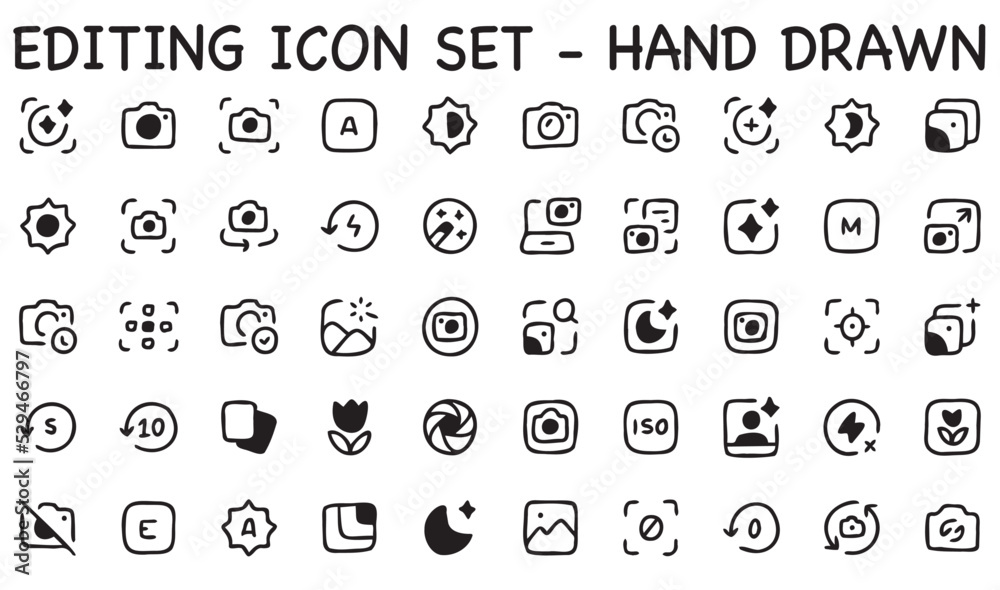 editing icon, photoshop icon, hand drawn, camera icon, icon set