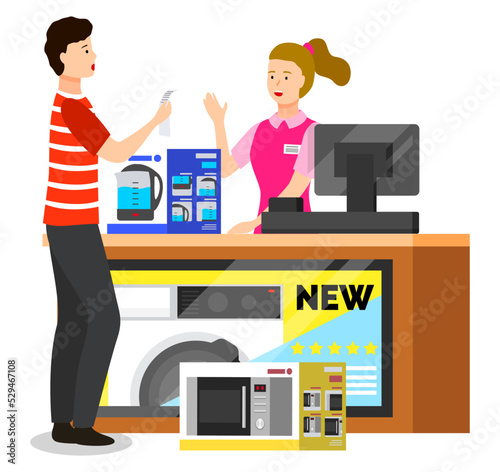Man holding check at checkout counter, buying microwave and kettle kitchen equipments. Woman paymaster selling cooking appliances for male. People shopping in gadget store with big discounts vector