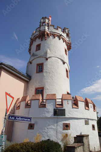 Rüdesheim, Germany, September 1, 2022. The 15th-century Adlerturm (Eagle Tower) in the German town of Rudesheim, Later tower was converted into an inn Zum Adler. Visited by Goethe. Summer photo