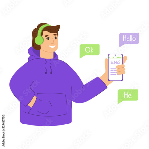 Cartoon smiling man on headphones holding phone in his hand. Man using a mobile app for learning a foreign language.