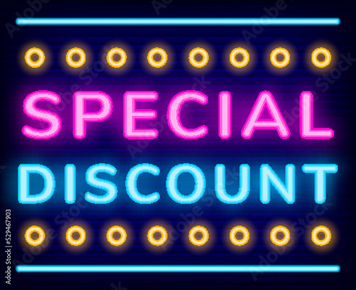 Special discount neon sign vector. Exclusive offer on cyber monday, shiny banner with glowing font and decor elements. Promo poster for store, shopping online. Web design for website promotion