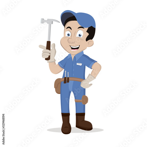 Professional Mechanic with Hammer and Toolbelt Character Vector Illustration
